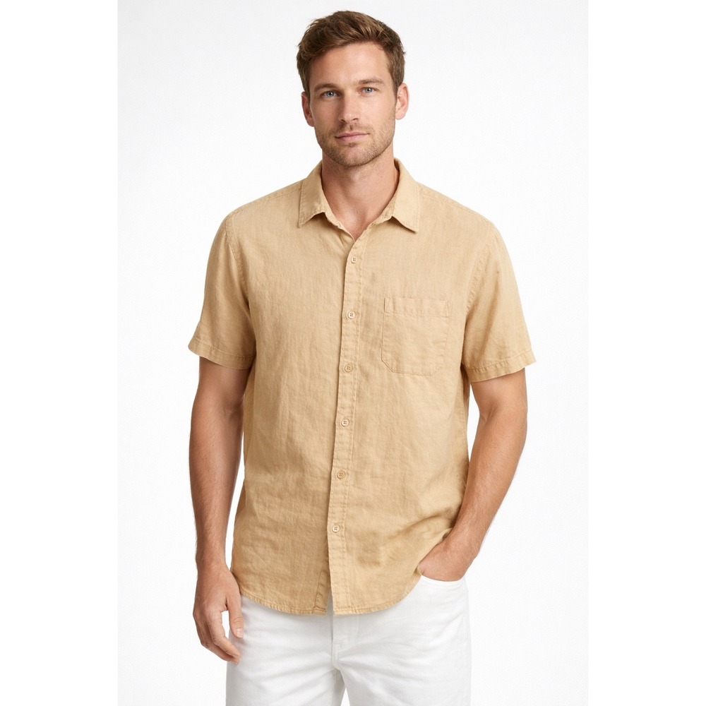 Magaschoni Man 100% Linen Shirt XL Beige Tan‎ Short Sleeve Button Up Luxury